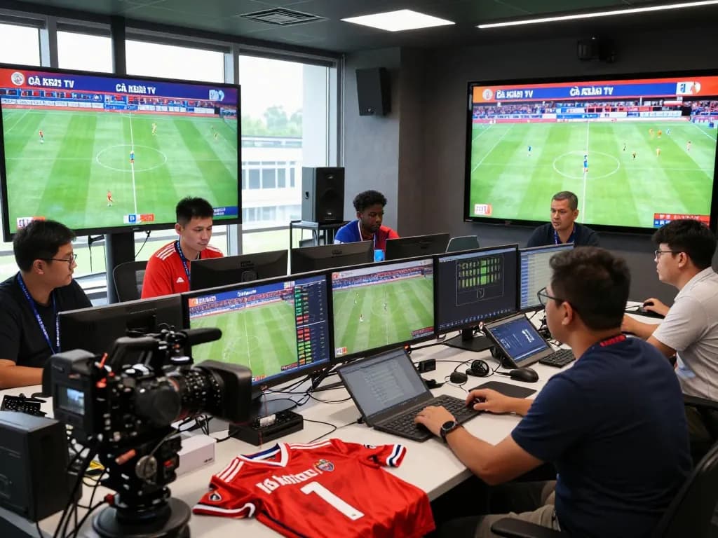 Professional Cà Khịa TV team collaborating in a modern sports broadcasting control room, energized atmosphere.