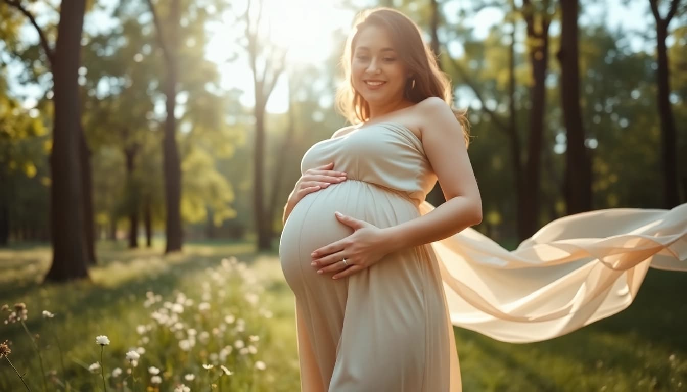 Captivating Babybauch Fotoshooting of a radiant pregnant woman outdoors, showcasing her bond with nature.