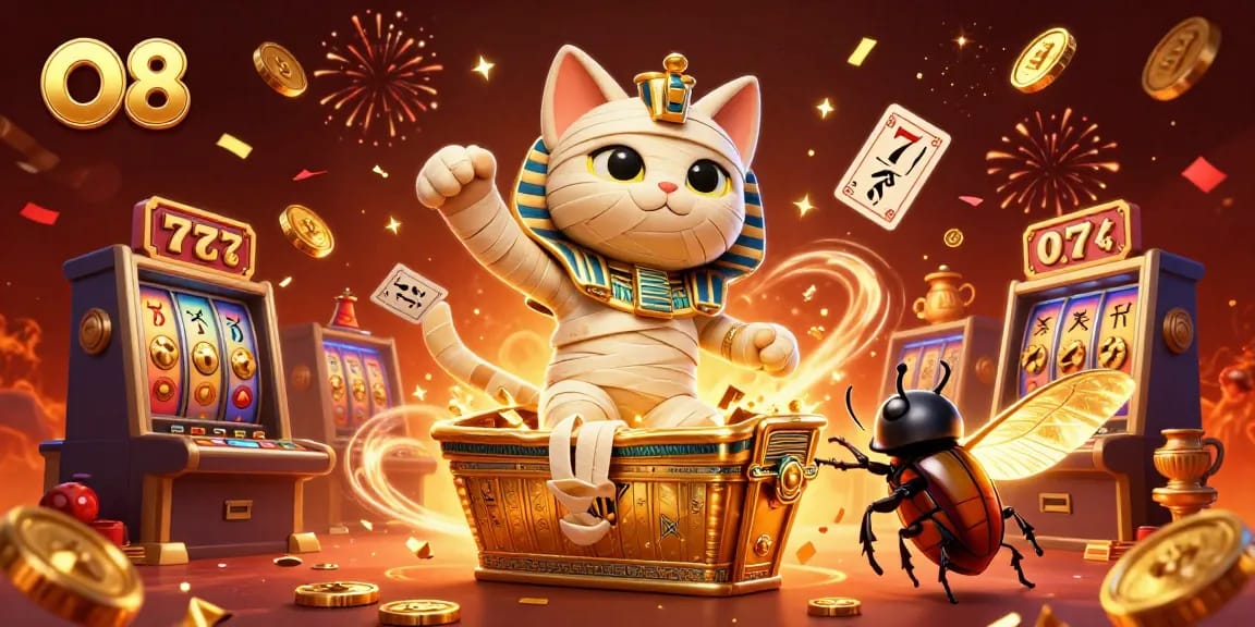 Engage with O8's dynamic casino experience featuring a vibrant mummy cat and golden treasures.
