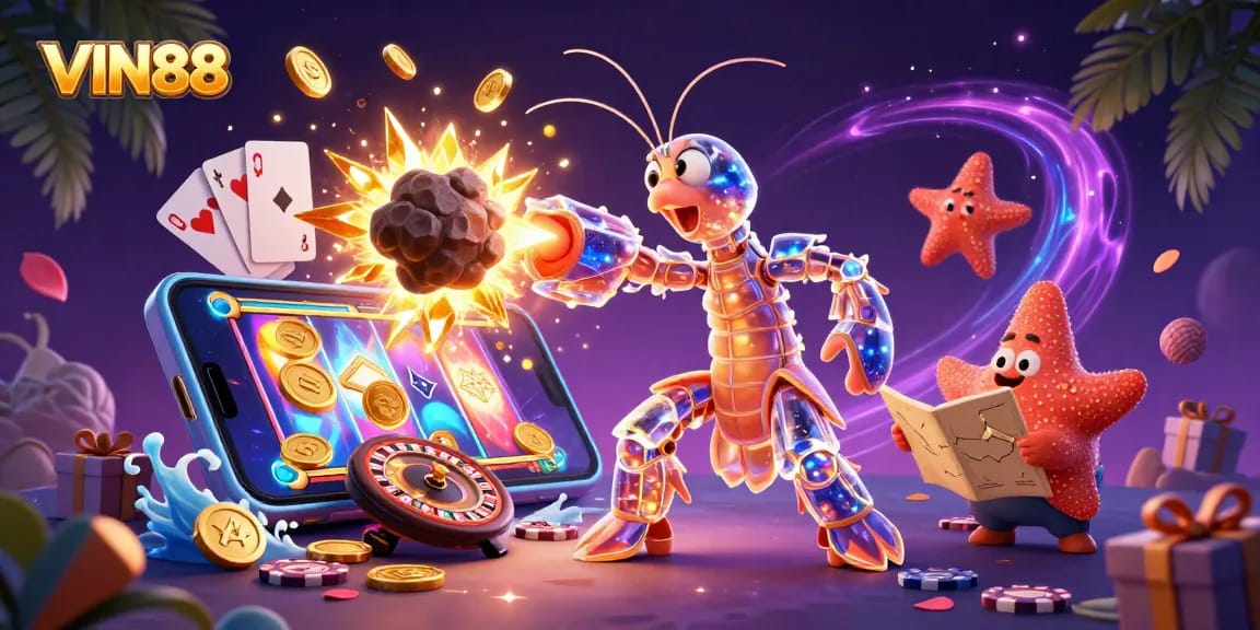 Experience thrilling gameplay at VIN88 with a vibrant scene of winning gems and dynamic slot action.