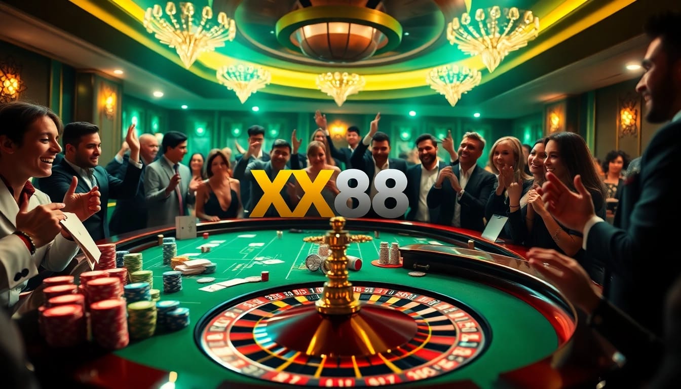 Exciting casino atmosphere with an engaging scene reflecting the XX88 brand, featuring poker chips and playing cards.
