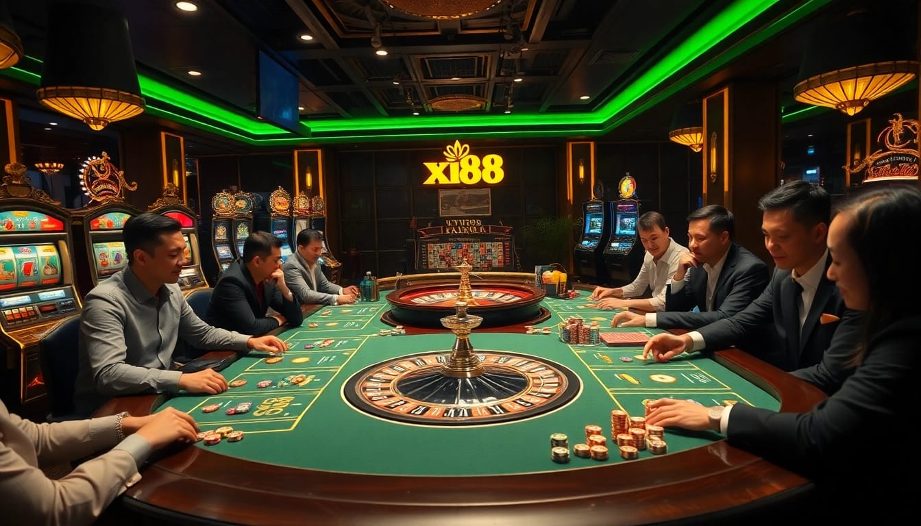 Engaged players experiencing the thrill of gambling at a luxurious xin88 casino table.