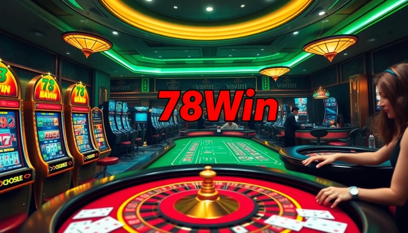 Experience the thrill of 78Win casino with vibrant slot machines and elegant poker tables in action.