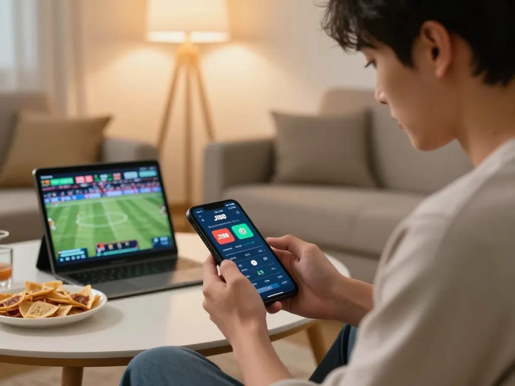 Engaged player using the J188 app for online sports betting in a cozy living room setting.