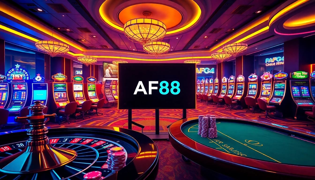 AF88 logo displayed amidst a glamorous casino scene with poker tables and slot machines.