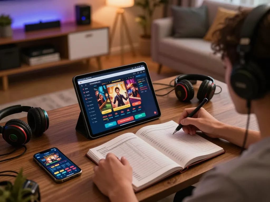 Engaged player at https://www.mnm88.com/ enjoying online casino games on a tablet, cozy home setup