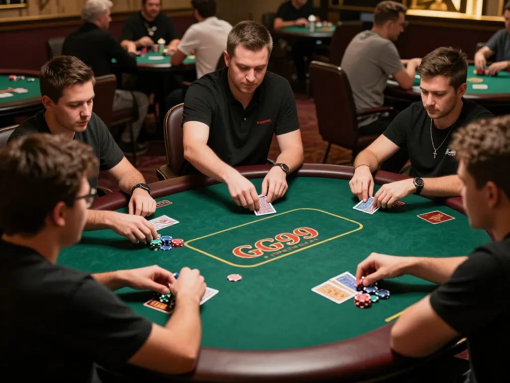 Pemain terlibat dalam permainan poker yang intens di GG999, menunjukkan permainan kompetitif dalam suasana yang hidup.