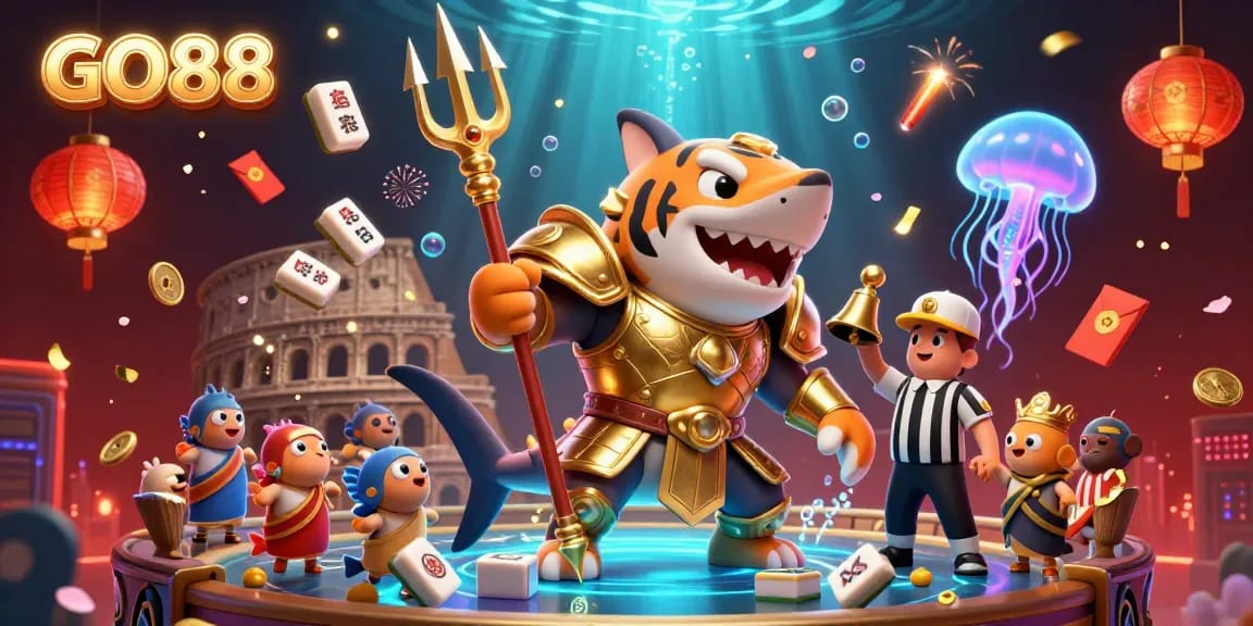 Experience thrilling gameplay at GO88 with an underwater casino scene featuring a tiger shark gladiator.
