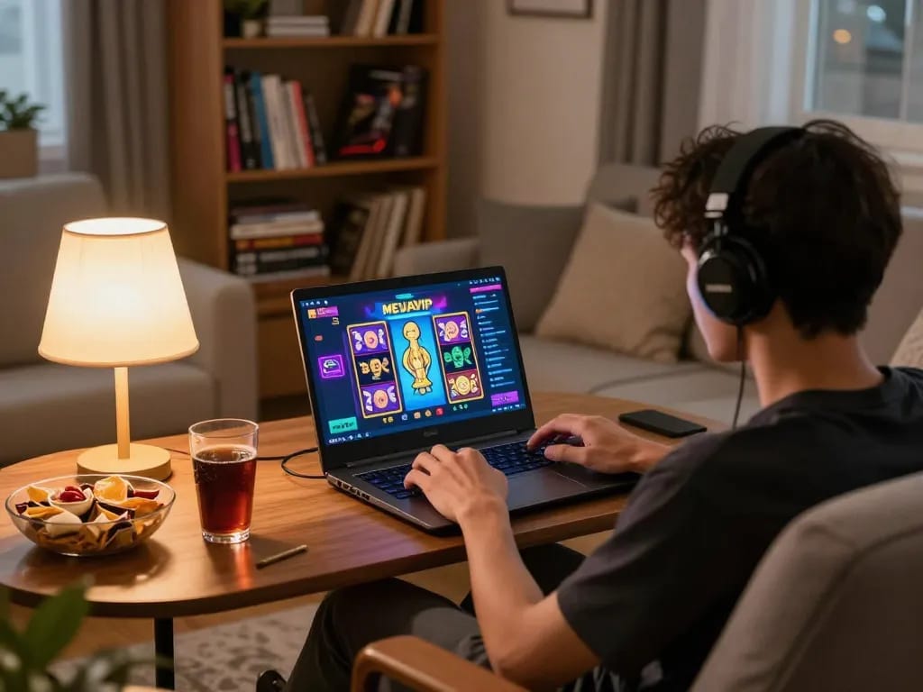 Terlibat dalam permainan mejavip slot online di rumah, dengan laptop menampilkan grafis permainan yang hidup dan camilan di dekatnya.