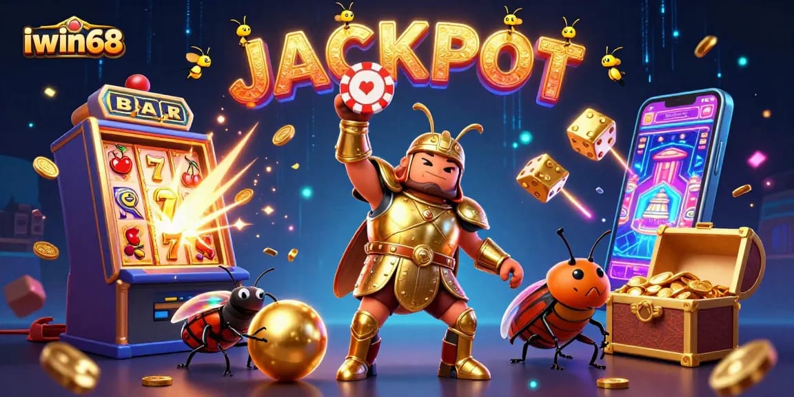 Play and win big at iwin68 with a vibrant, dynamic scene depicting cartoon characters in a casino.