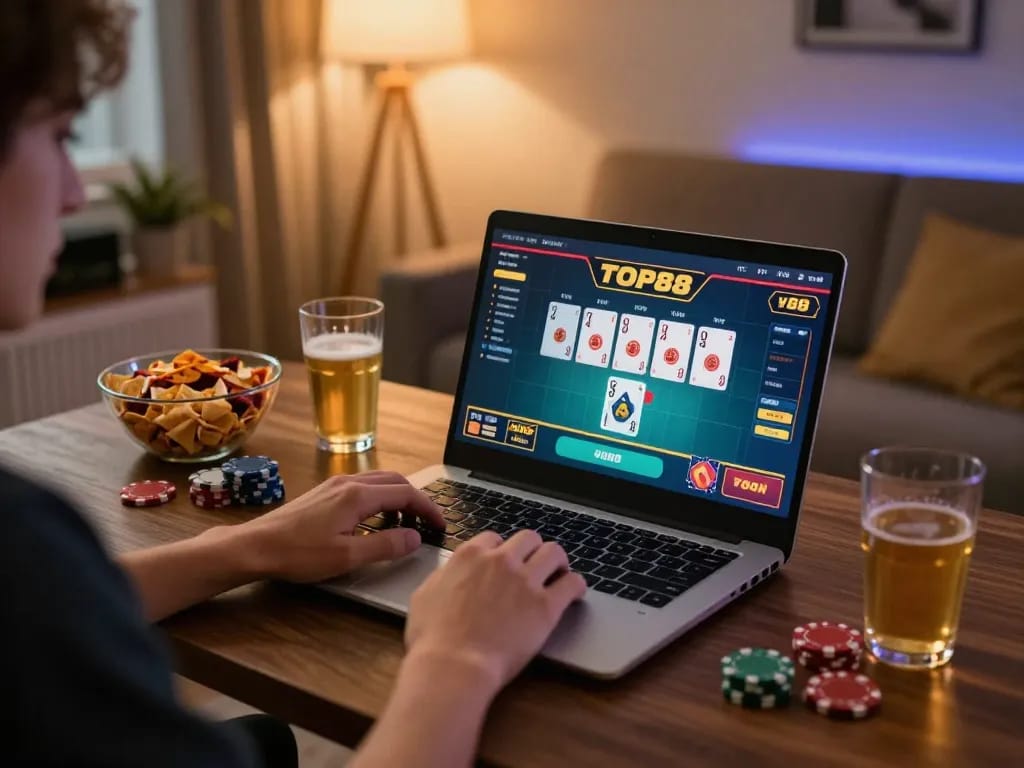 Engaging gameplay on TOP88 poker interface at home with cozy lighting and snacks.