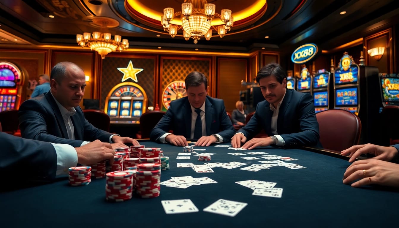 XX88 poker table with players, chips, cards, and a luxurious casino atmosphere