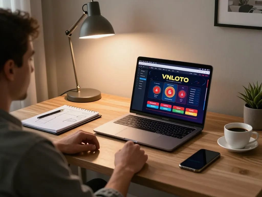 Player engaging with VNLOTO online casino interface during a cozy home gaming session.