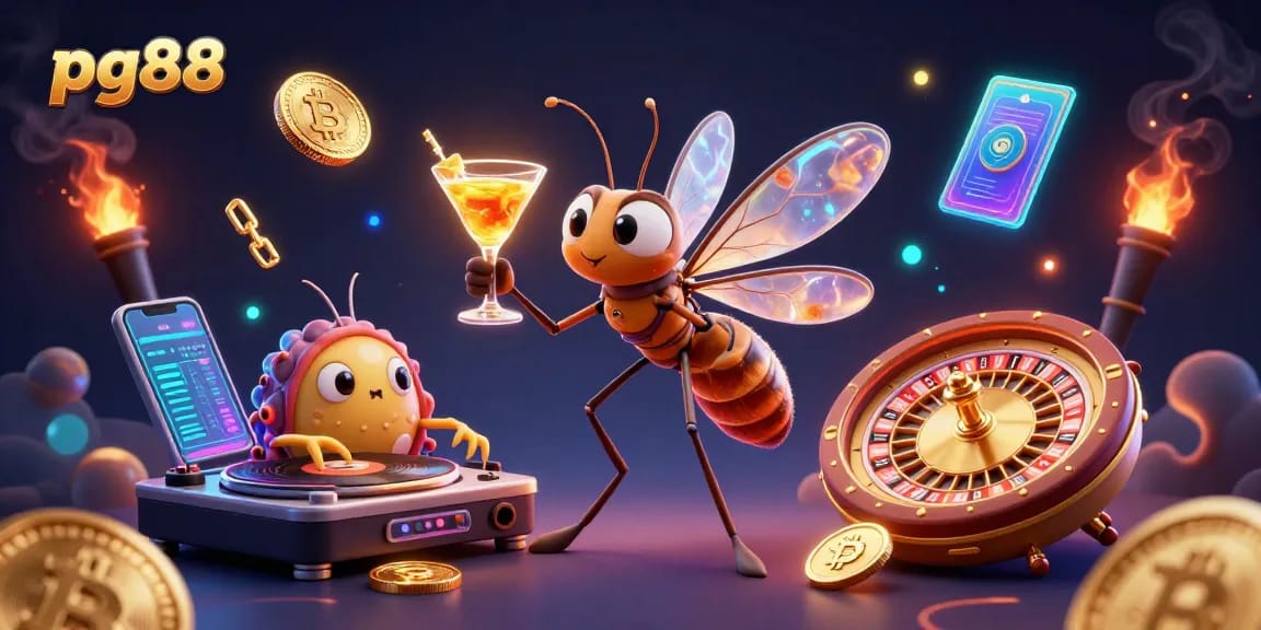 Experience top-tier gaming at pg88 with a vibrant 3D casino scene featuring unique characters and crypto elements.