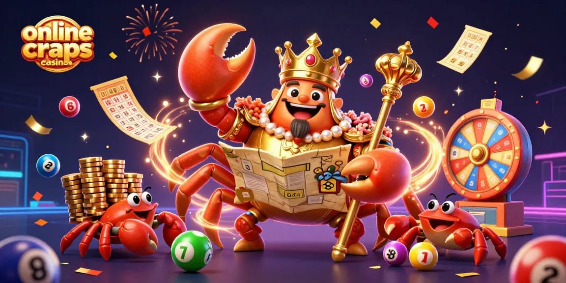 Engaging scene showcasing online craps casinos with a golden crab emperor and festive elements.