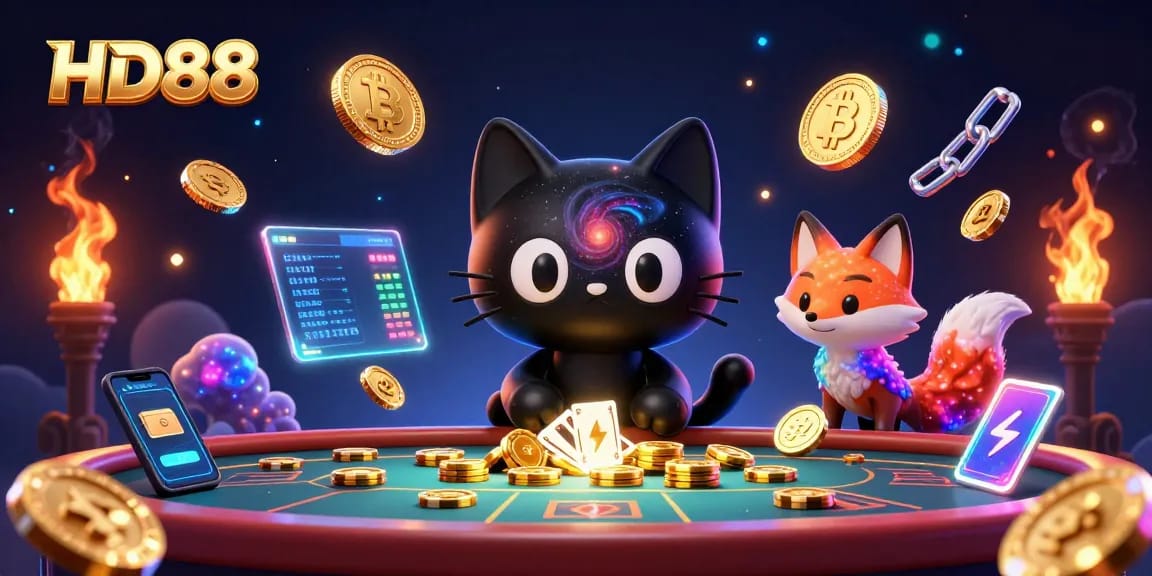Engage in HD88's cosmic casino where the black hole cat attracts golden chips with its charm.