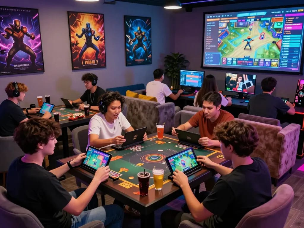 Players enjoying hitclub online gaming in a vibrant lounge setting, engaging in card games with dynamic visuals.