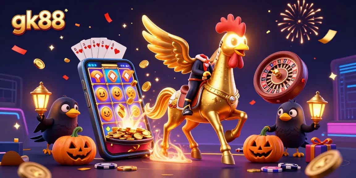 gk88 offers exciting slots and games within a vibrant casino illustration featuring magical elements