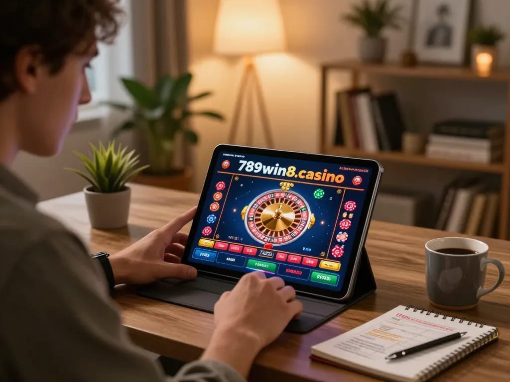 Player engaging with the 789win8.casino mobile app during an evening gaming session at home.