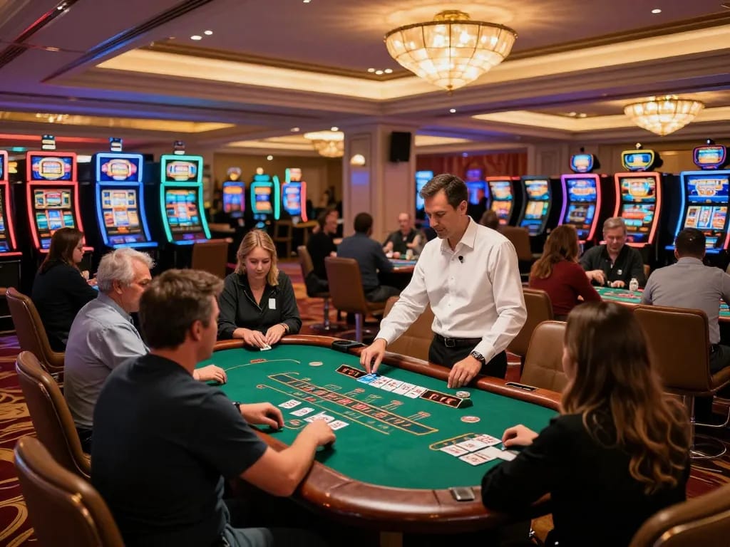 Players engaging at a blackjack table in a lively casino showcasing DA88 gaming excitement and luxury