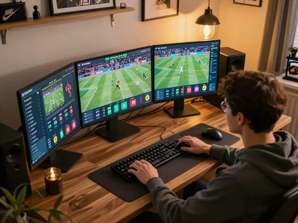 C168 player placing live sports bets on multiple screens during an engaging gaming session