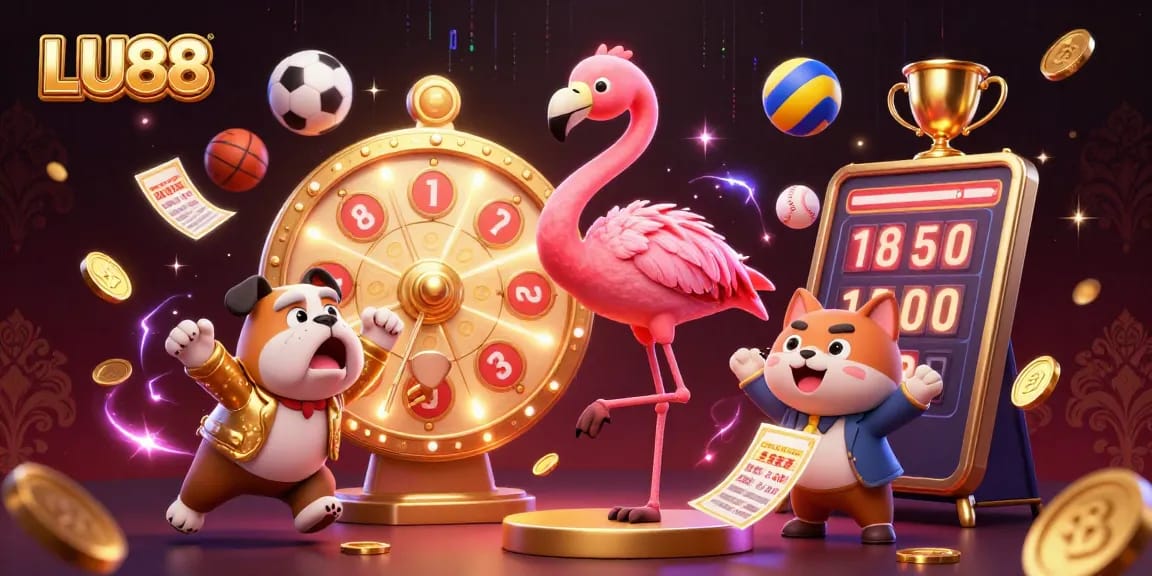 LU88 captivates with vibrant 3D illustrations of sports betting excitement, showcasing prizes and action.