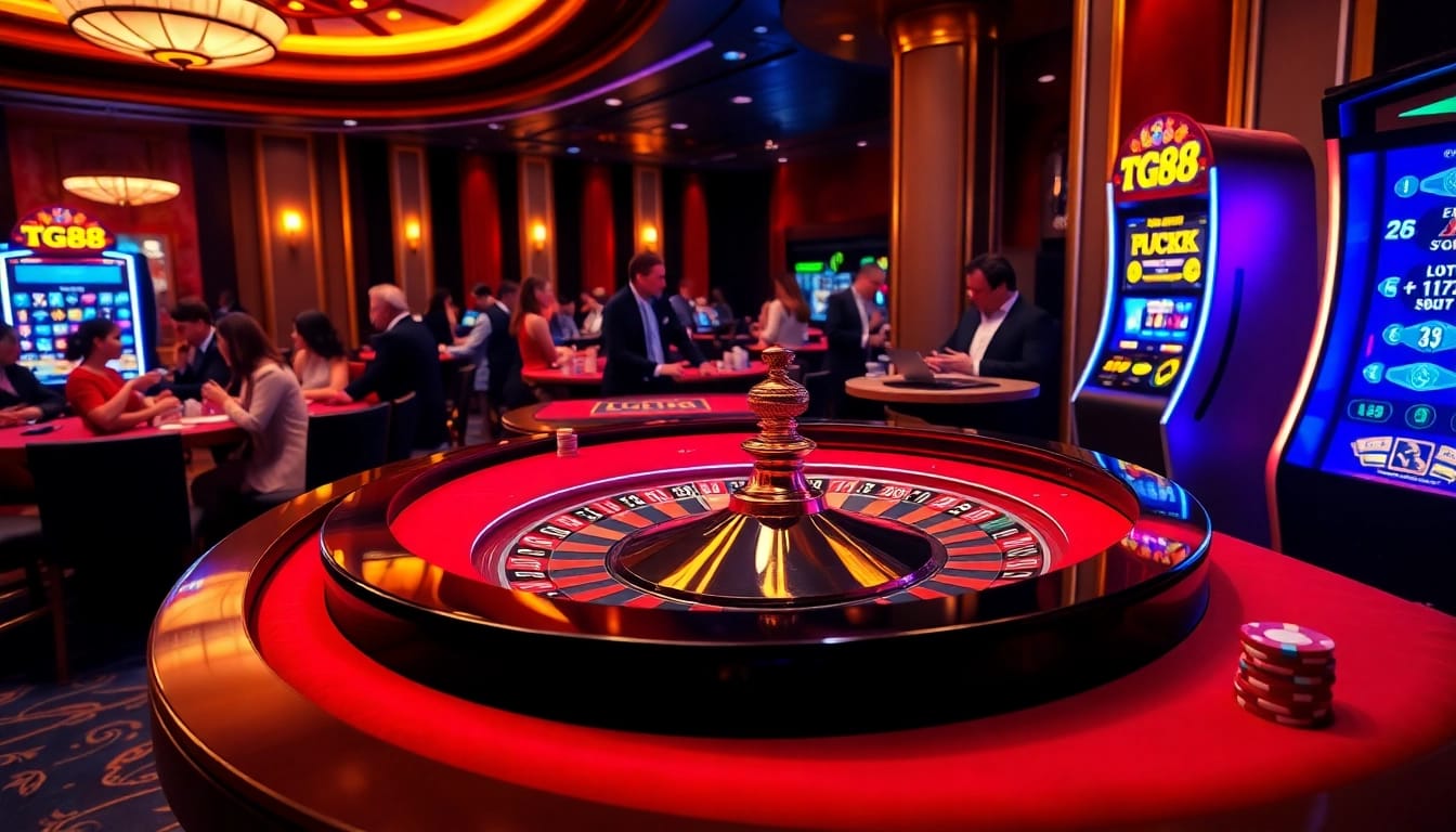 Experience high-stakes glamour with TG88 at an exciting roulette table in a casino.