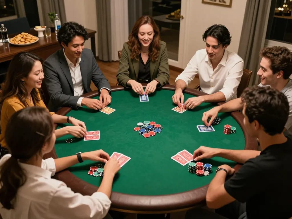 CK444 poker night with friends looking excited around a vibrant table filled with cards and chips.