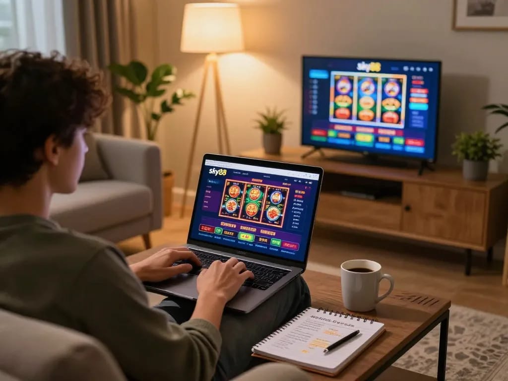 Engaging in online gambling on Sky88 with vibrant slots and strategic betting notes.