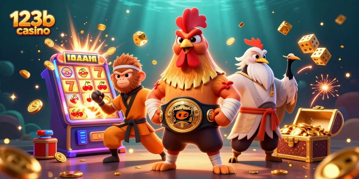 Experience the vibrant 123b casino scene with a Muay Thai rooster and Shaolin monkey amidst dynamic game elements.