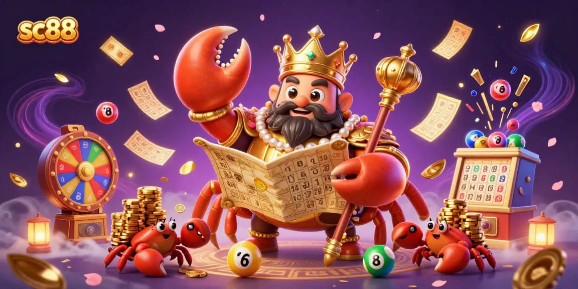 Bet and win at SC88 with a vibrant 3D casino illustration featuring a golden crab and lottery elements.