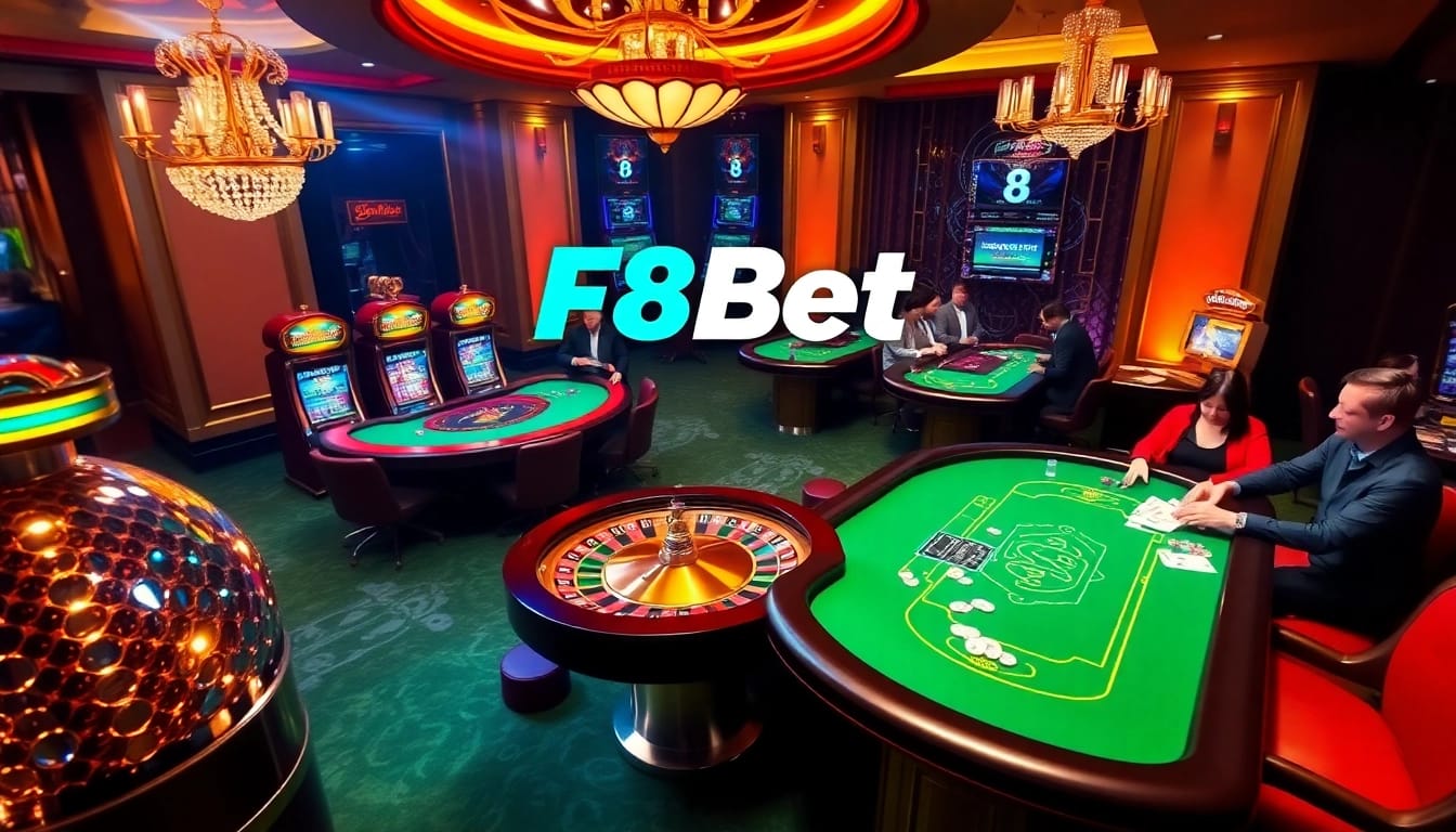 Experience the excitement of F8Bet with vibrant casino visuals showcasing high-stakes gaming action.