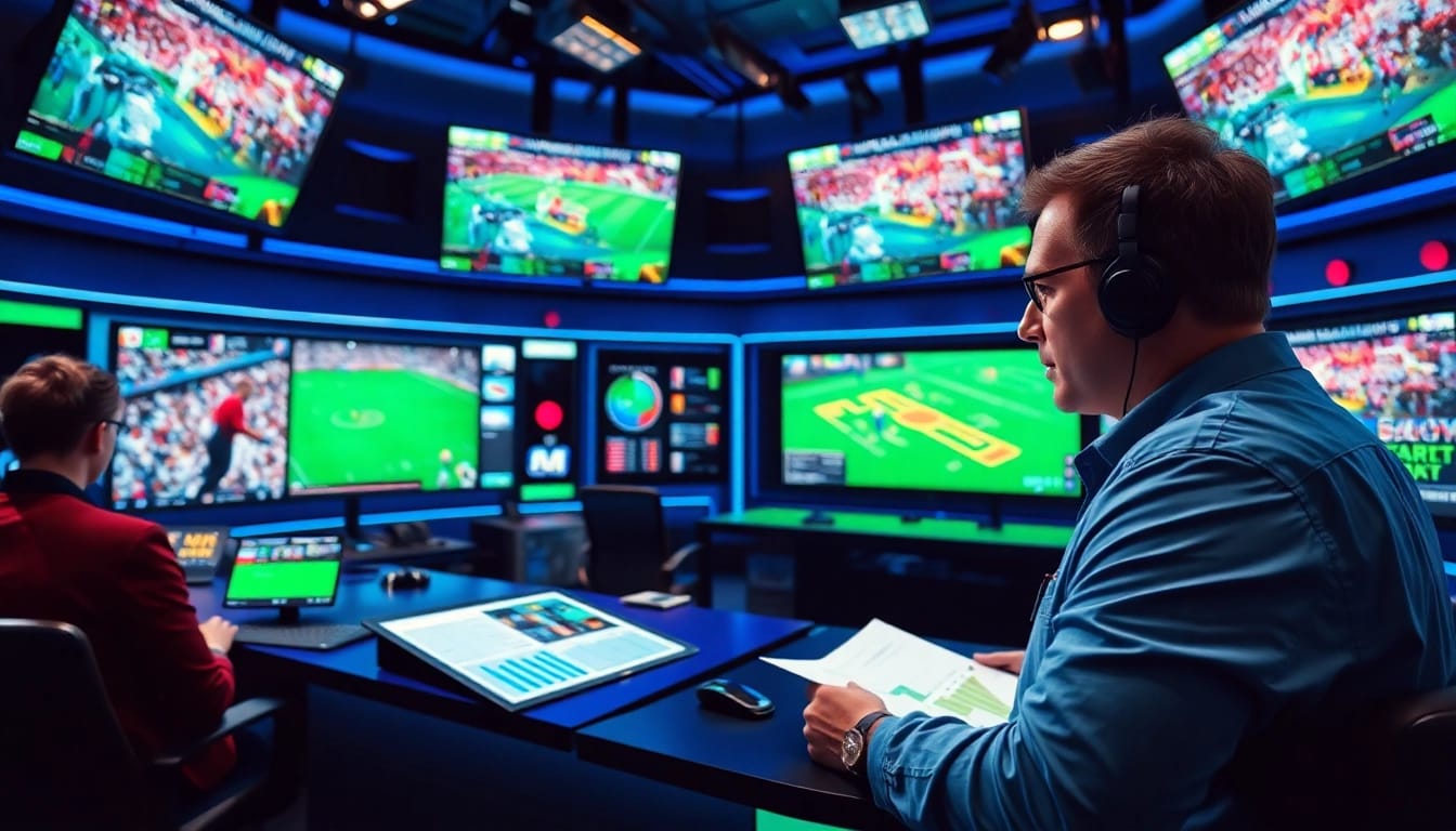 Engaging sports broadcasting commentary captured in a vibrant, high-tech studio setting.