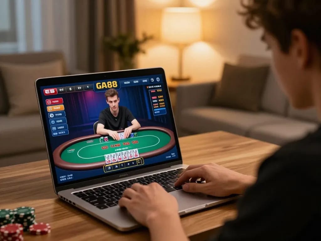 Player engaged in online casino gameplay on GA88, analyzing cards and betting strategies.