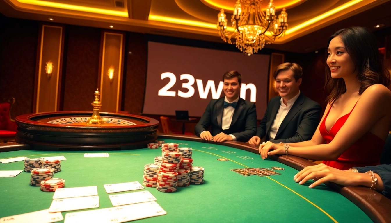 23win poker table scene showcasing vibrant gameplay and excitement with players and chips.
