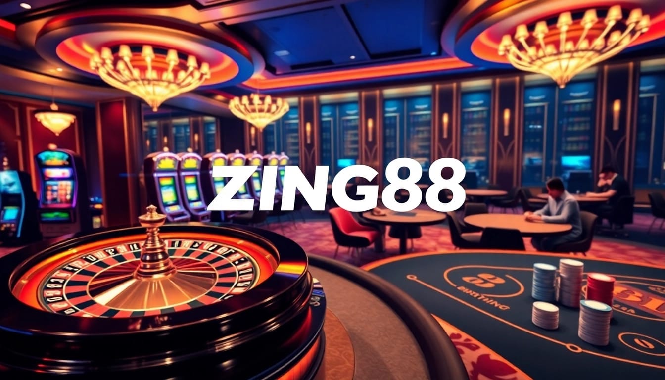A vibrant casino scene with a roulette wheel, showcasing the online gambling experience of https://zing88.design/ with players enjoying strategic bets.