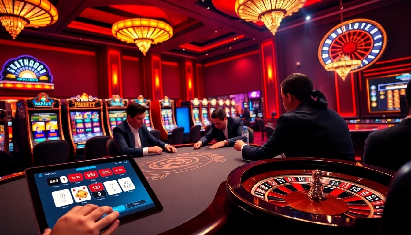 Nohu90 players celebrating a big win at a luxurious poker table in a vibrant casino atmosphere.