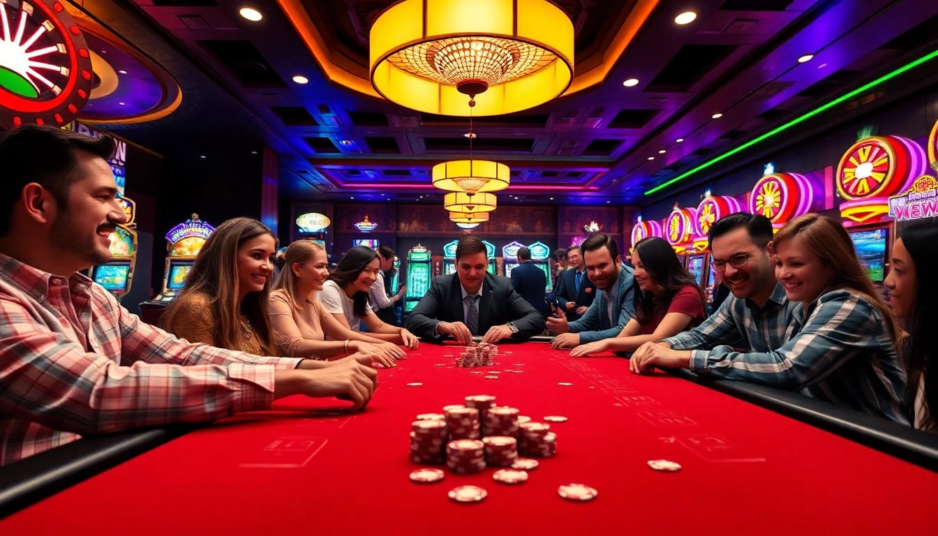Players experiencing the thrill of VipLuck at a vibrant casino gaming table with dynamic lighting.