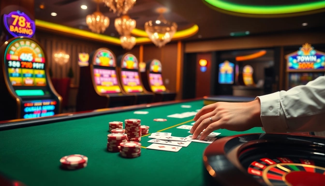 Exciting gambling scene at 78Win with poker chips and roulette wheel highlighting high stakes.