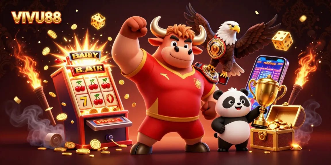 VIVU88 brings excitement with a jackpot scene featuring a bull mascot, eagle, and panda amidst casino-themed elements.