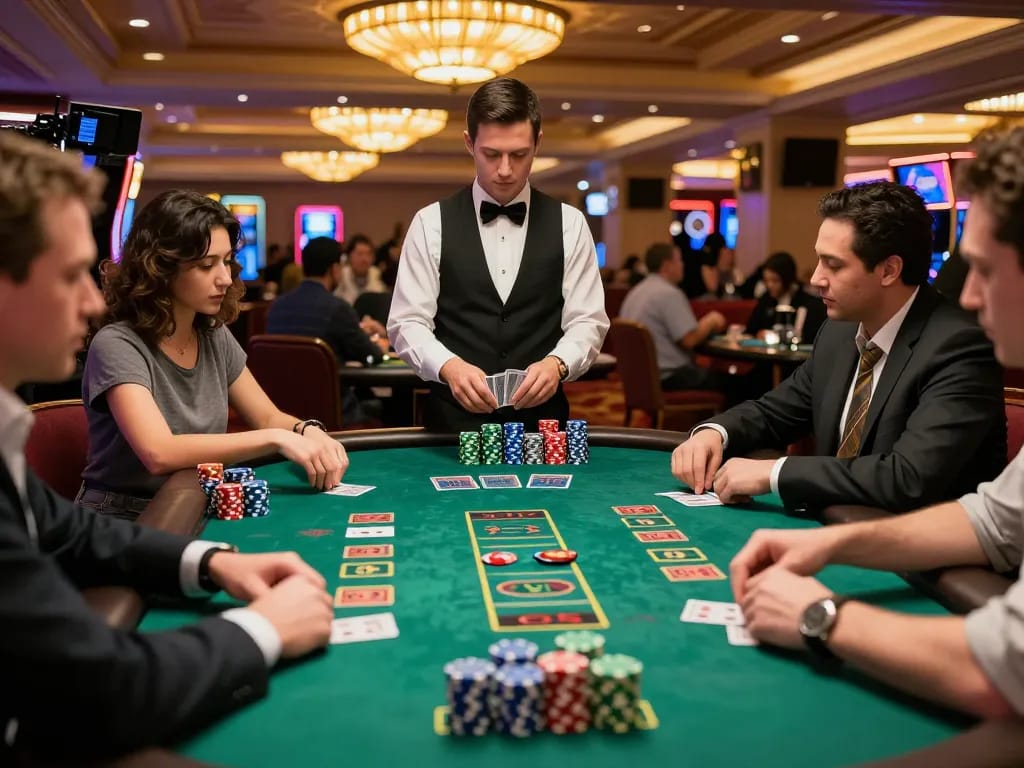 Players engage in a strategic game of blackjack at a vibrant Las Vegas casino featuring TR88 chip stacks.