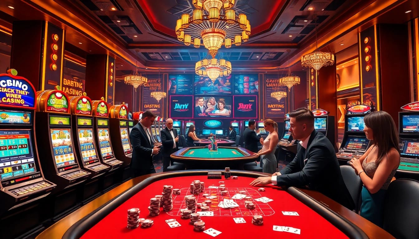Exciting casino scene showcasing 123ga.ink with vibrant slot machines and engaging players.