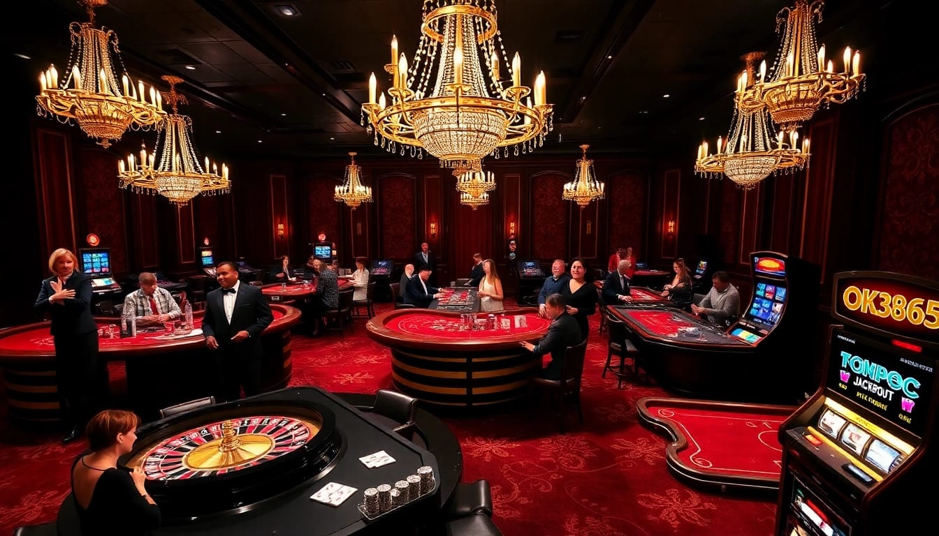 Experience thrilling gaming at OK365's stylish casino floor with roulette and card games.