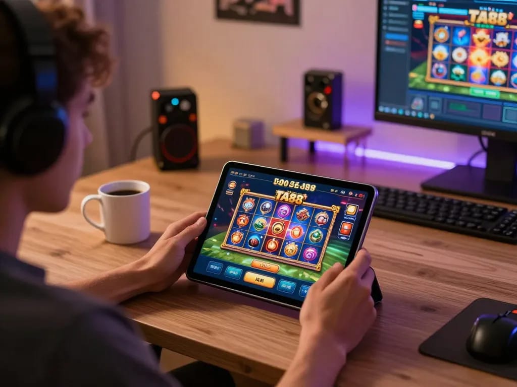 Player using TA88 app for online gambling on a tablet in a modern home setup
