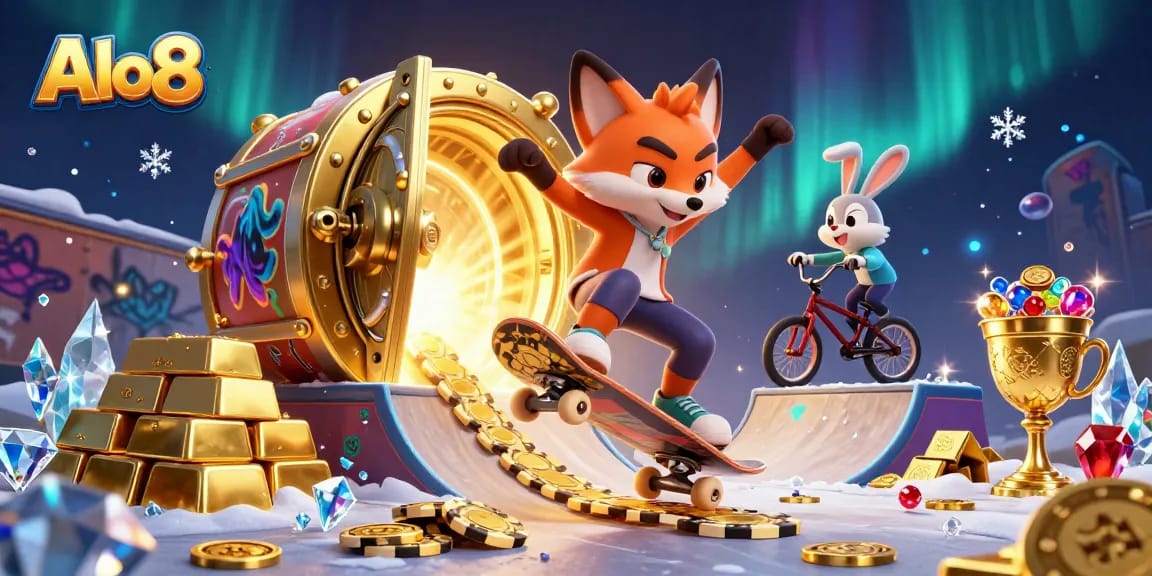 Alo8 engages players with vibrant casino-themed gaming illustrated by a fox and rabbit in 3D action.