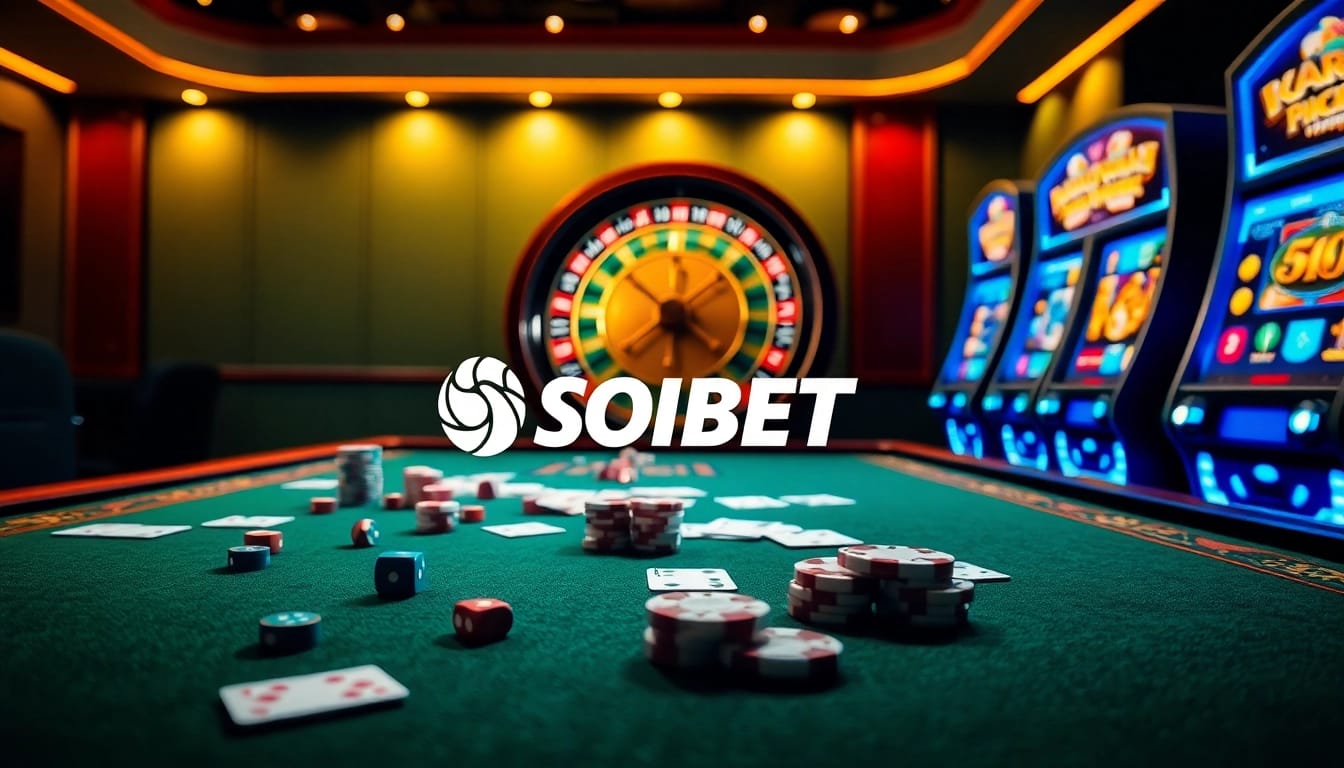 Experience thrilling gaming excitement at SOIBET with vibrant poker chips and dazzling roulette wheel.