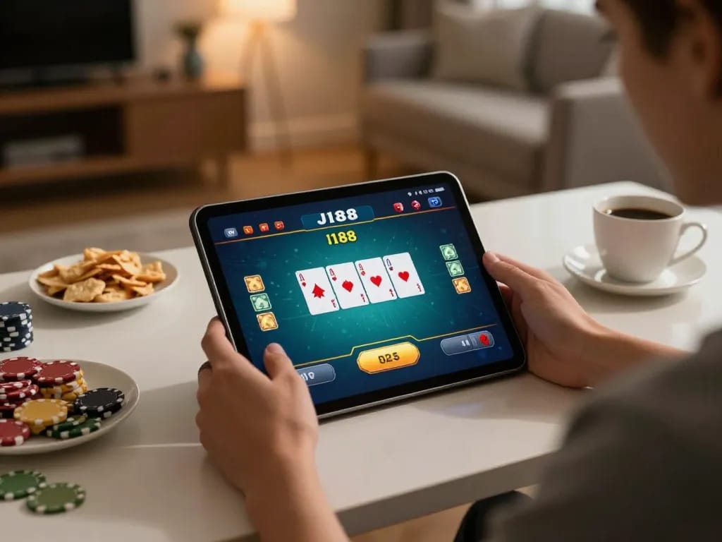 J188 poker gameplay on tablet, creating dynamic online casino experience at home.
