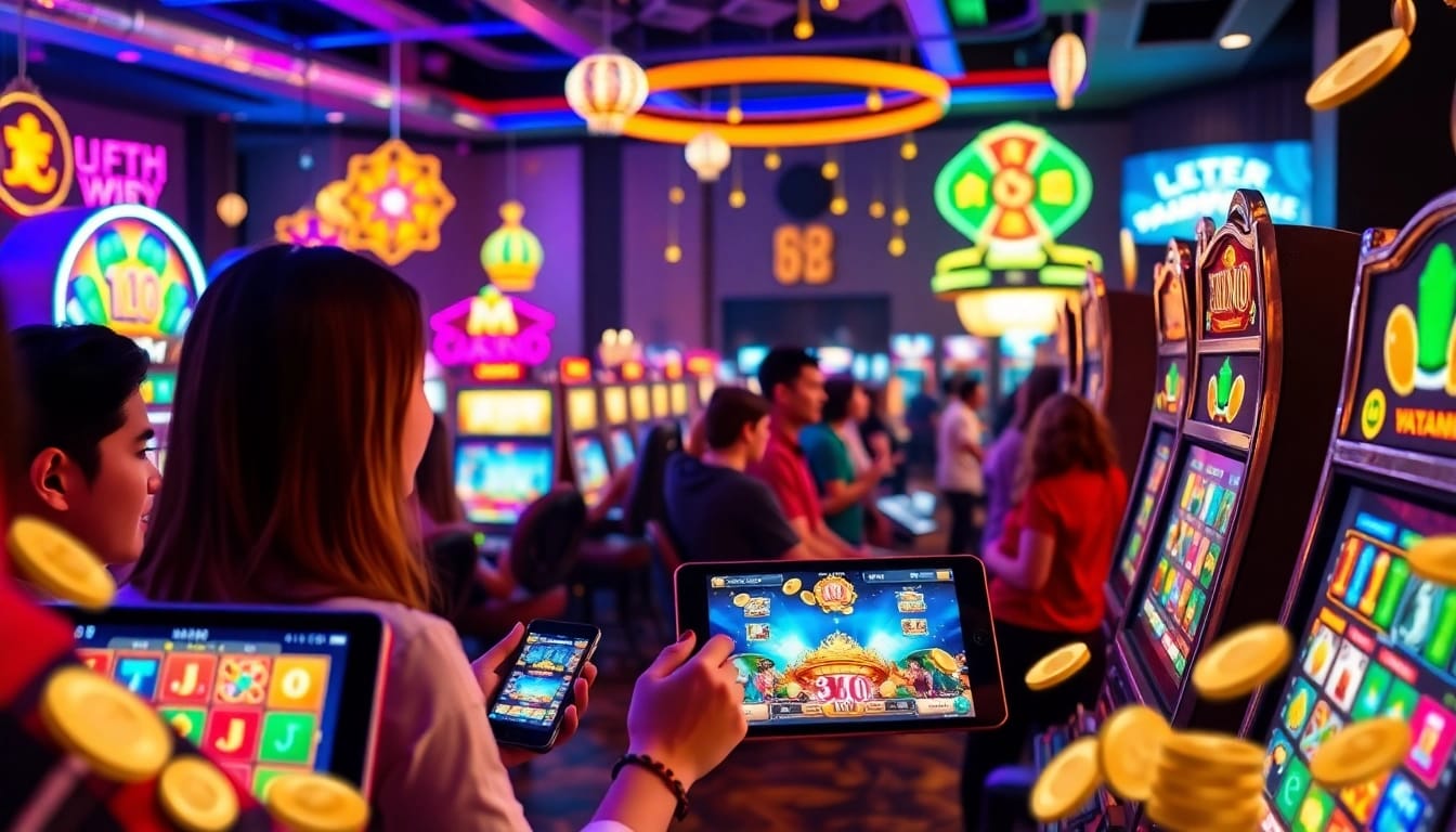 Nổ hũ 52 online gaming experience with vibrant slot machines and engaged players.
