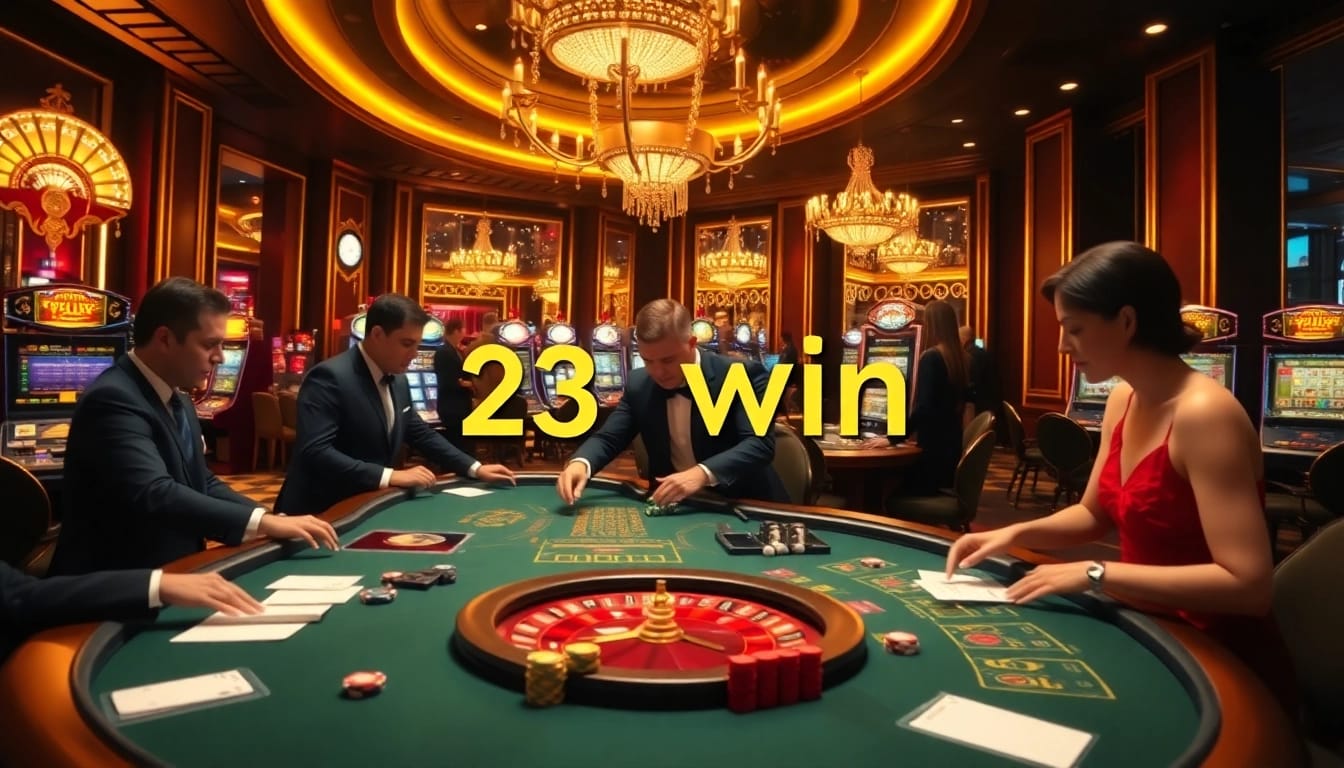 Players enjoying games at 23win casino, featuring vibrant atmosphere and gambling excitement.