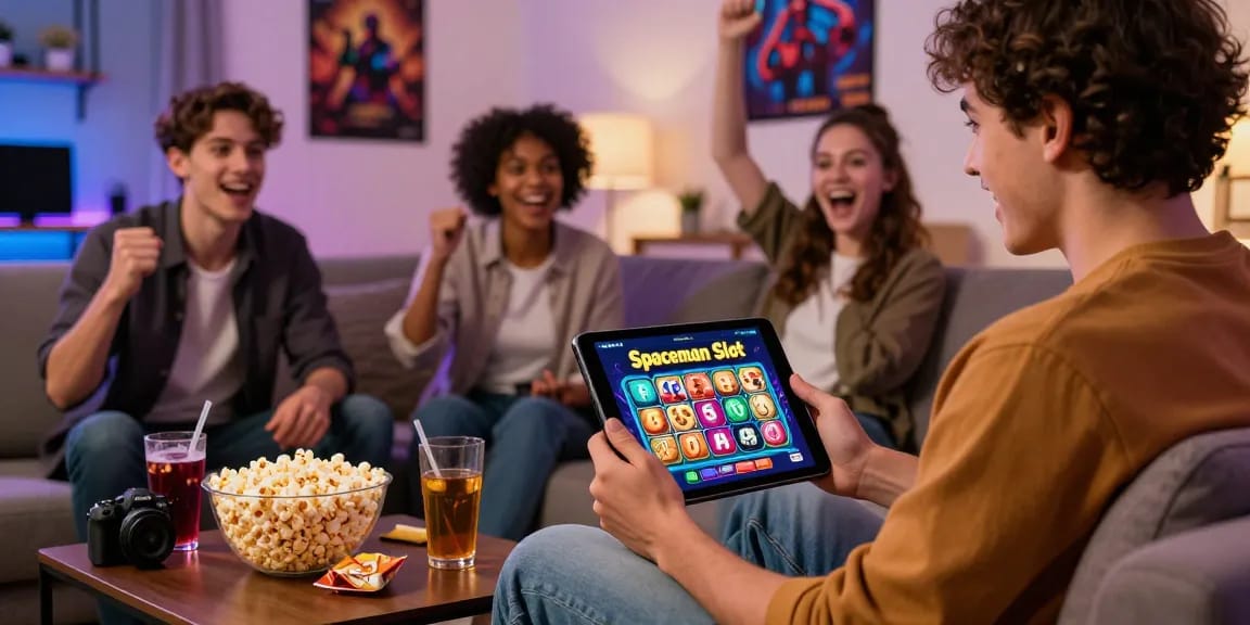 Pemain sedang menikmati permainan spaceman slot dengan antusias, dikelilingi teman-teman.